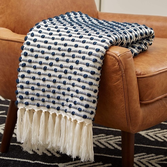 Farmhouse Pompom Fringe Tassel Neutral Color Throw Blanket for Gift/Couch/Bed - Picture 6 of 7